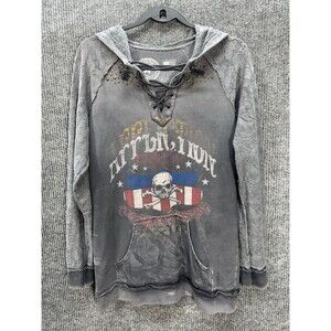 Affliction Lace Studded Hoodie Womens XL Gray Distressed Long Sleeve Skull Top